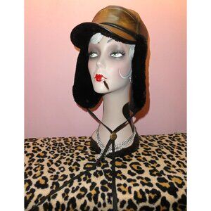 Vintage Black Faux Leather Aviator Trapper Hat Ear Flaps winter cap Russian look